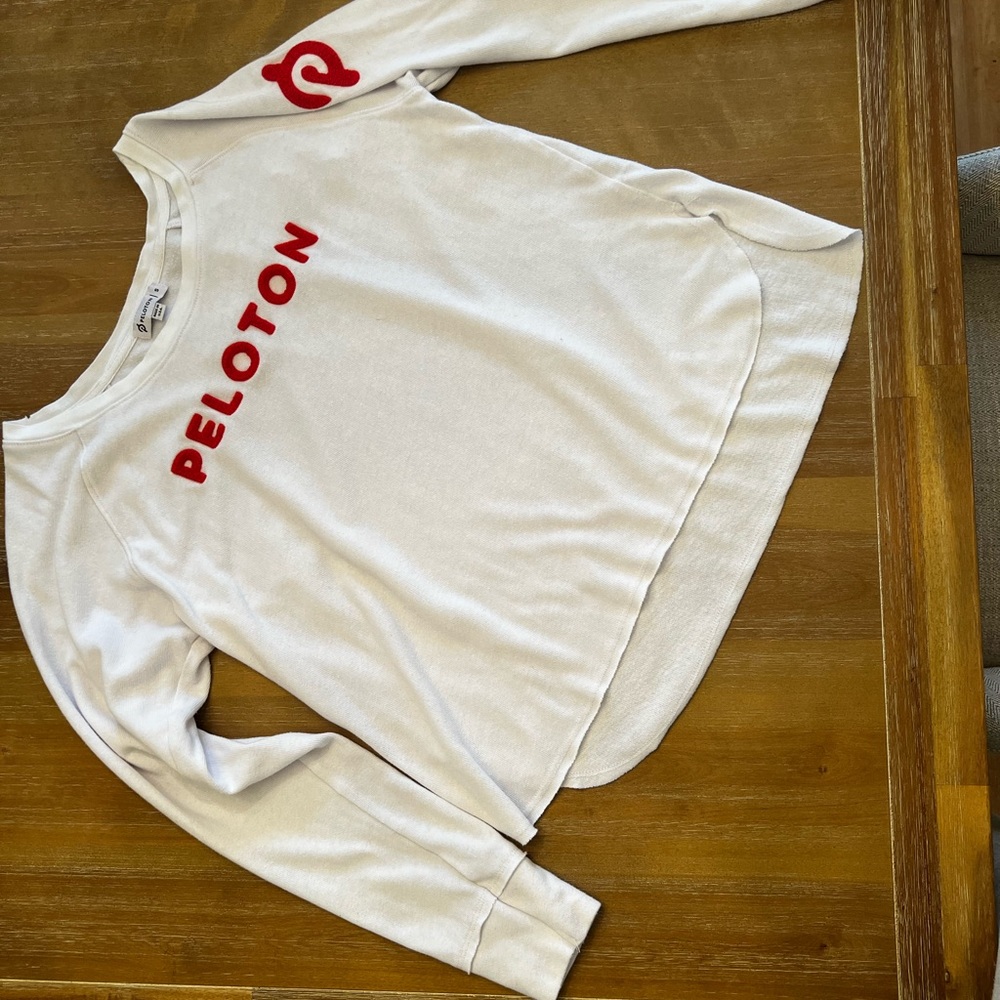 White Long Sleeve Peloton Shirt Red Fuzzy Logo